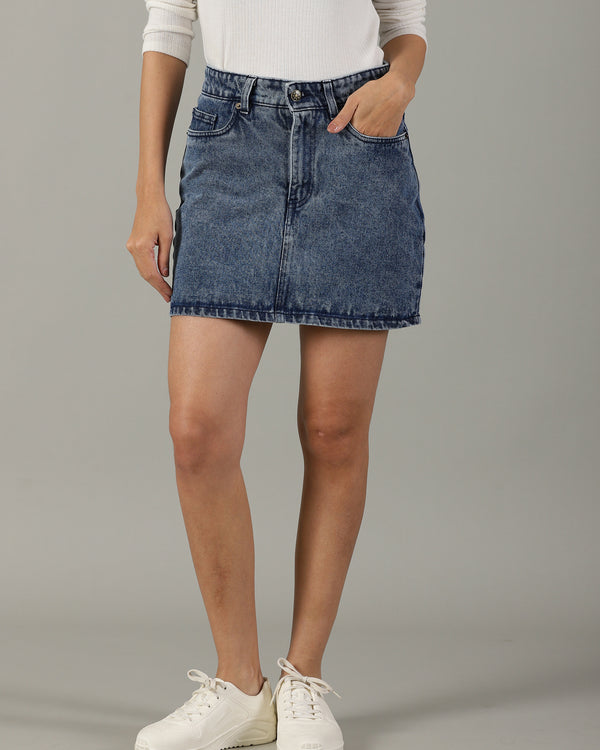 The Anywhere Denim Skirt with Built-In Tights – Mid Wash