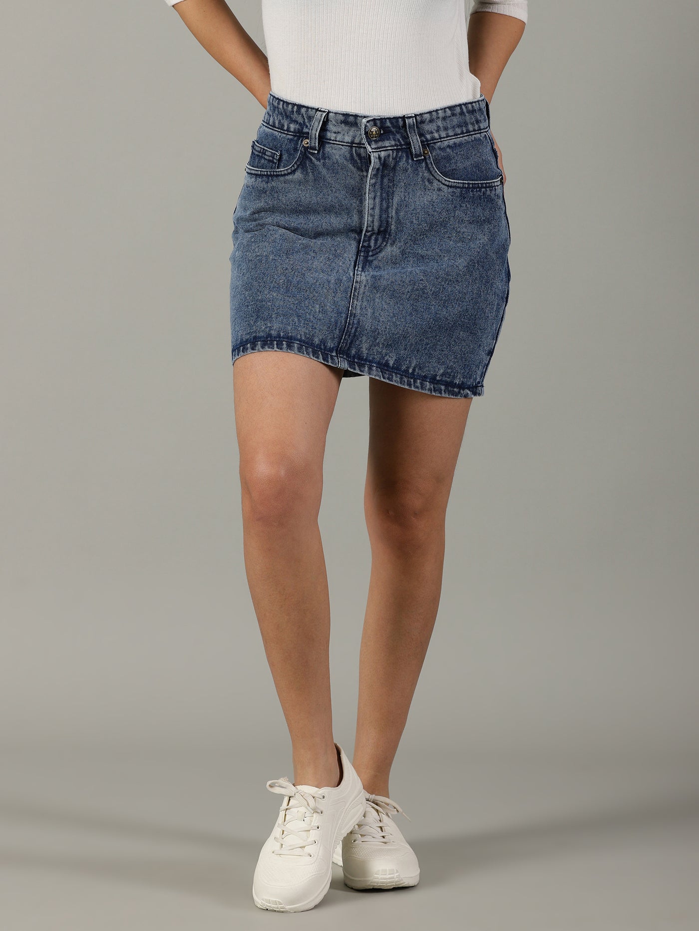 The Anywhere Denim Skirt with Built-In Tights – Mid Wash