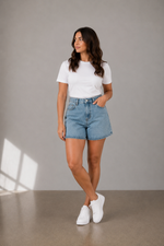 Load image into Gallery viewer, The All-Day High Waisted Denim shorts Mid wash (CURVY)
