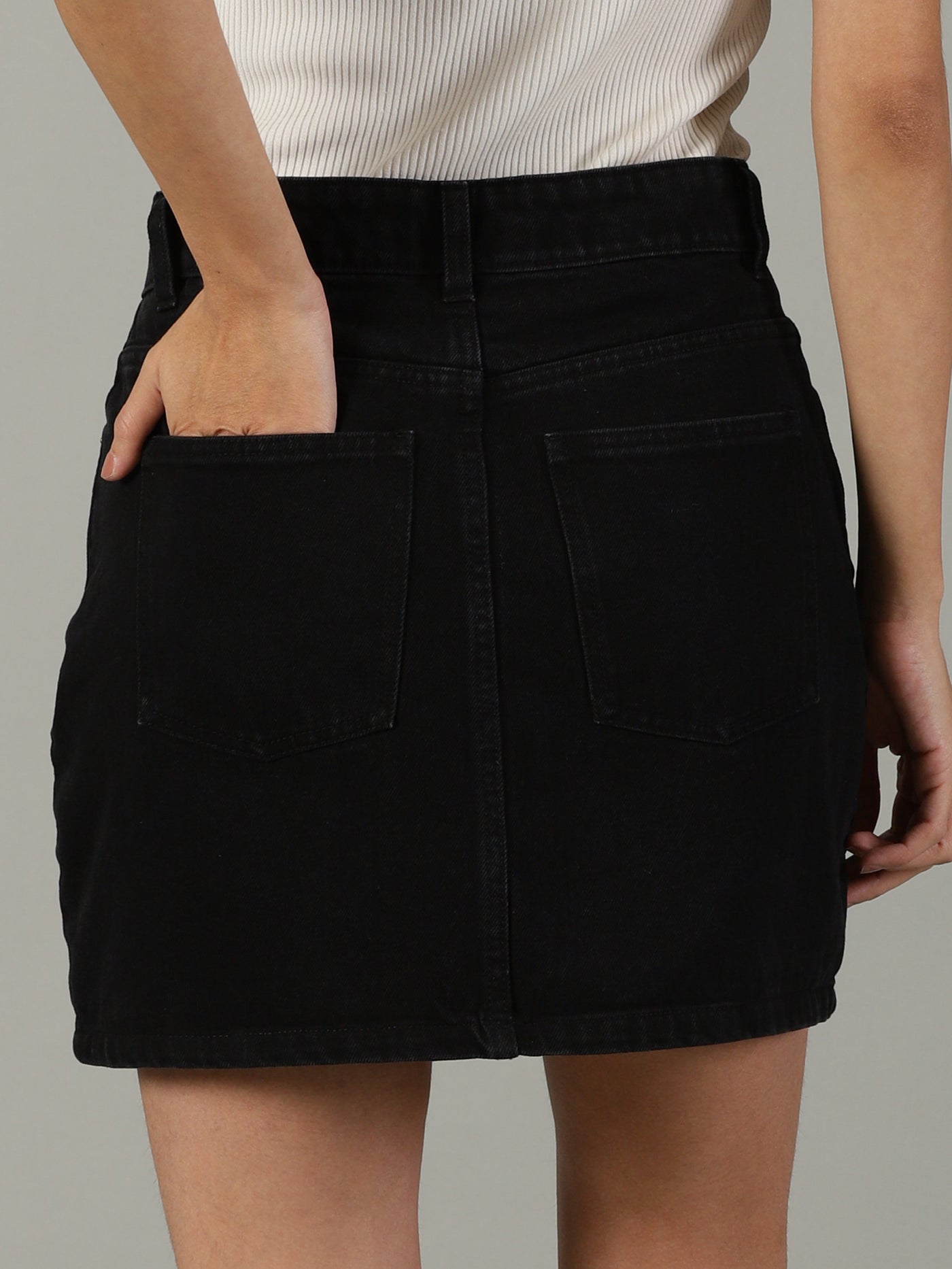 The Anywhere Denim Skirt with Built-In Tights – Black