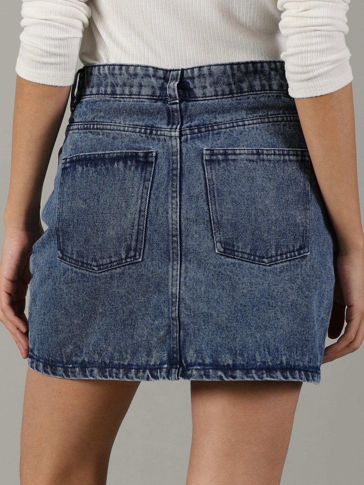 The Anywhere Denim Skirt with Built-In Tights – Mid Wash