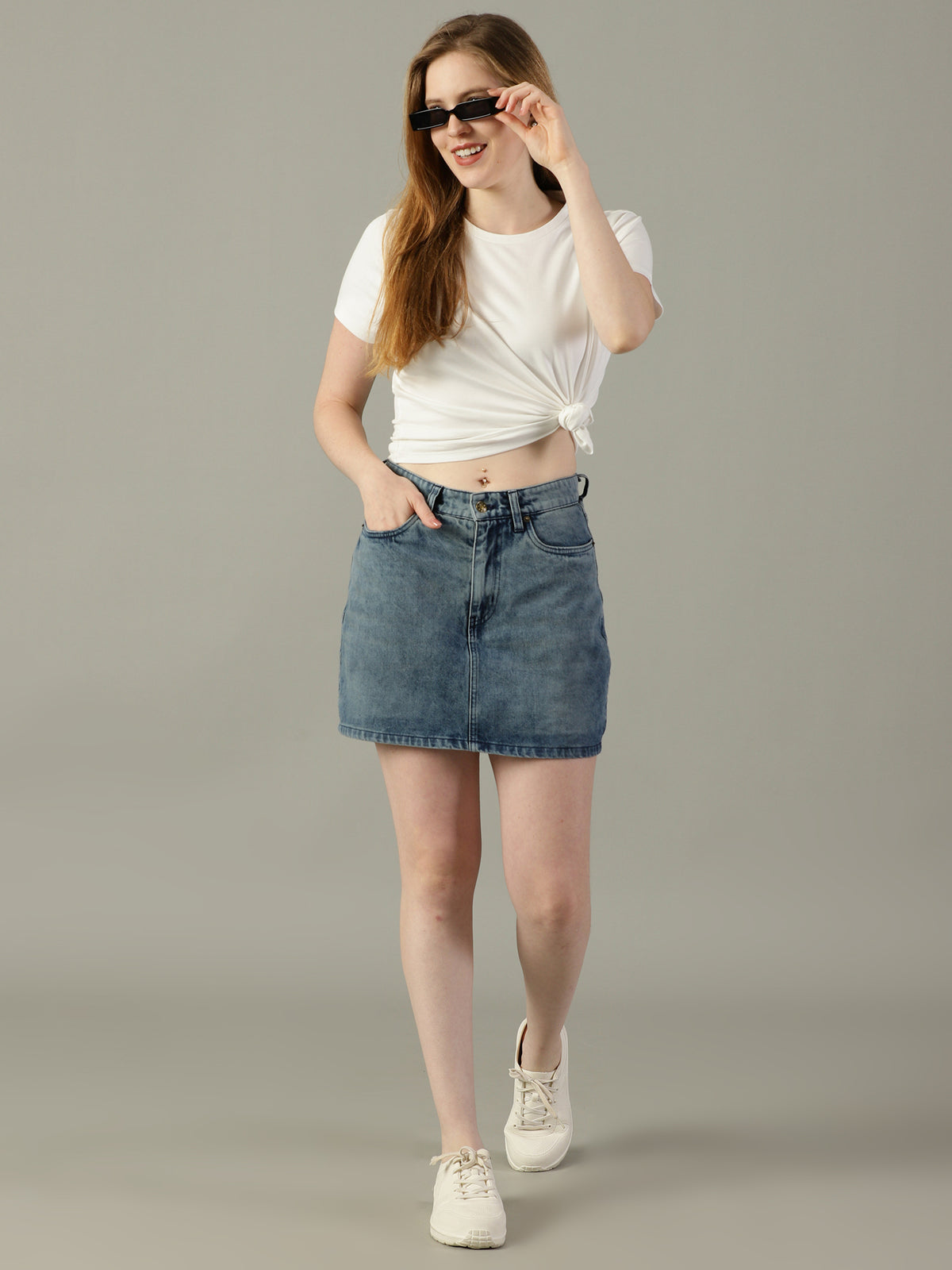 The Anywhere Denim Skirt with Built-In Tights – Ice Blue Wash