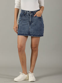 The Anywhere Denim Skirt with Built-In Tights – Mid Wash