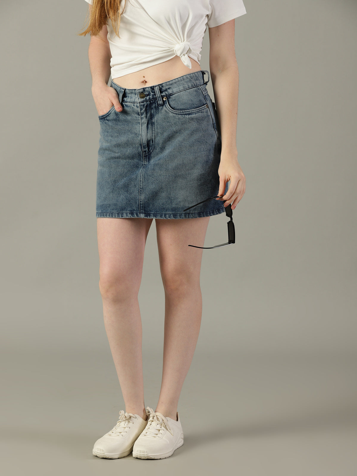 The Anywhere Denim Skirt with Built-In Tights – Ice Blue Wash