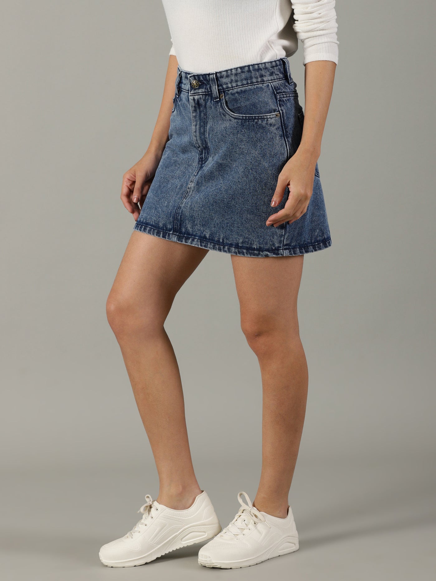 The Anywhere Denim Skirt with Built-In Tights – Mid Wash
