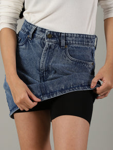The Anywhere Denim Skirt with Built-In Tights – Mid Wash