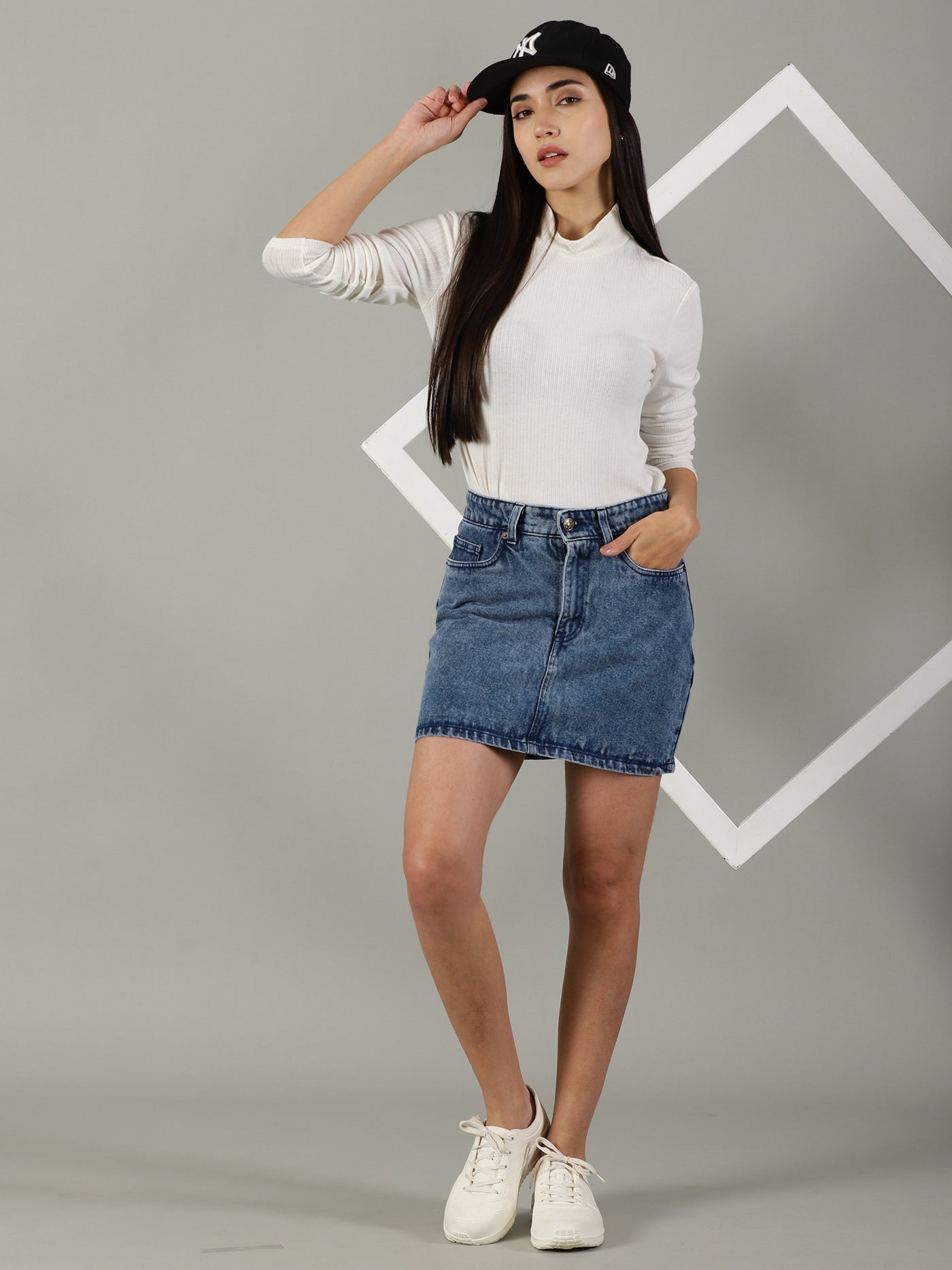 The Anywhere Denim Skirt with Built-In Tights – Mid Wash