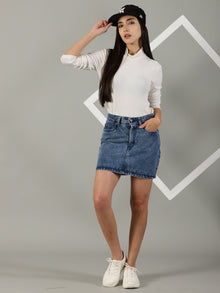 The Anywhere Denim Skirt with Built-In Tights – Mid Wash