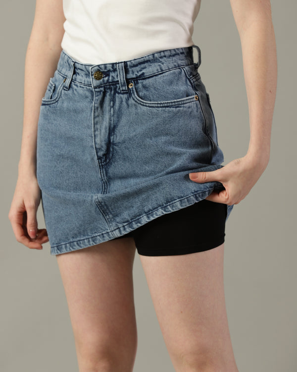 The Anywhere Denim Skirt with Built-In Tights – Ice Blue Wash